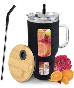 32 Oz Glass Tumbler With Bamboo Mug 2 Straws & 2 Lids, Reusable Glass Water Bottles With Handle