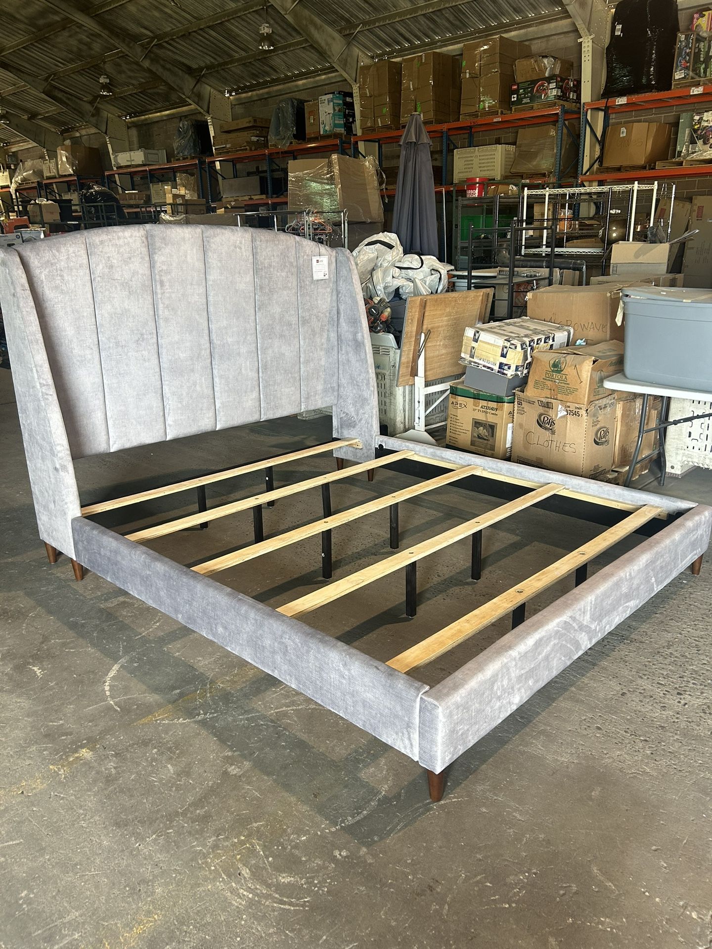 New California King Gray Velvet Bed Frame