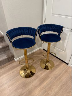 Pair of 2 Velvet Blue & Gold Barstools