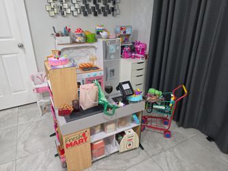 Kitchen, market with register and shopping cart