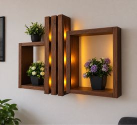 Modern Rustic Wooden Wall Shelf with Built-In LED Lighting – Handmade Decor Display