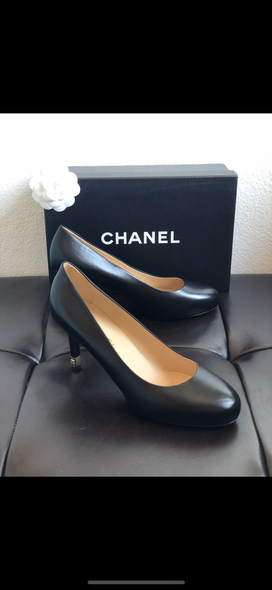 Chanel Black Leather Round-Toe Heels