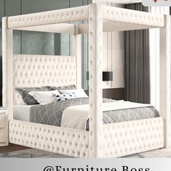 King Size Canopy Bed - Velvet Tufted Beds - Grey, Beige, Cream, Black, Blue Beds