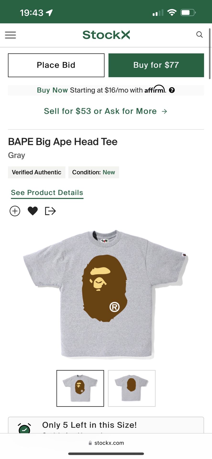 Men's XXL  Grey BAPE Big Ape Head Tee Short-sleeve