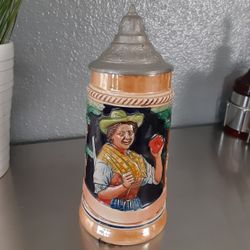 Vintage Beer Stein Hand Painted Pewter Lidded West Germany 7in Tall.