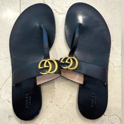 Gucci Black Leather Thong Sandal With Double G Size 39.5