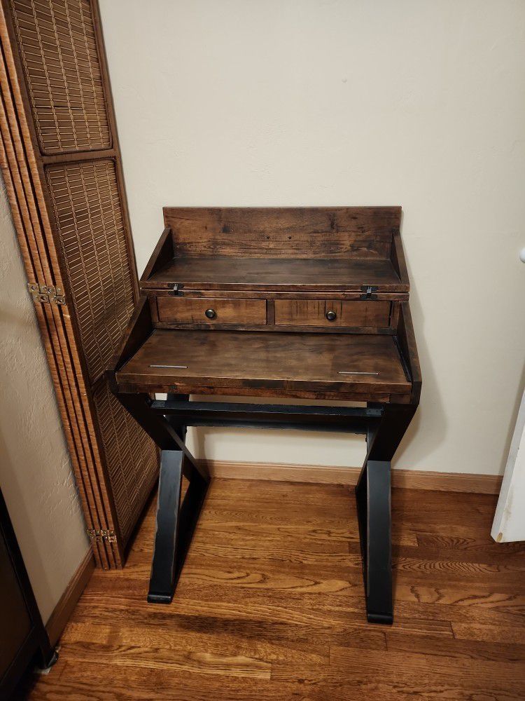Distressed Antique Cognac and Black Wood Secretary Desk