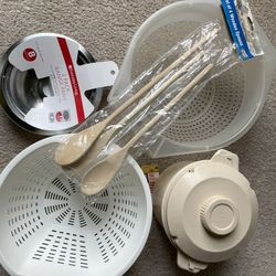 Misc Kitchen Items- Colander, Drip Pan, Measuring Spoons, Wooden Spoon