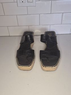 Franco Sarto Clave Womens 9.5 M Black Leather Croc Espadrille Wedge Sandals EUC