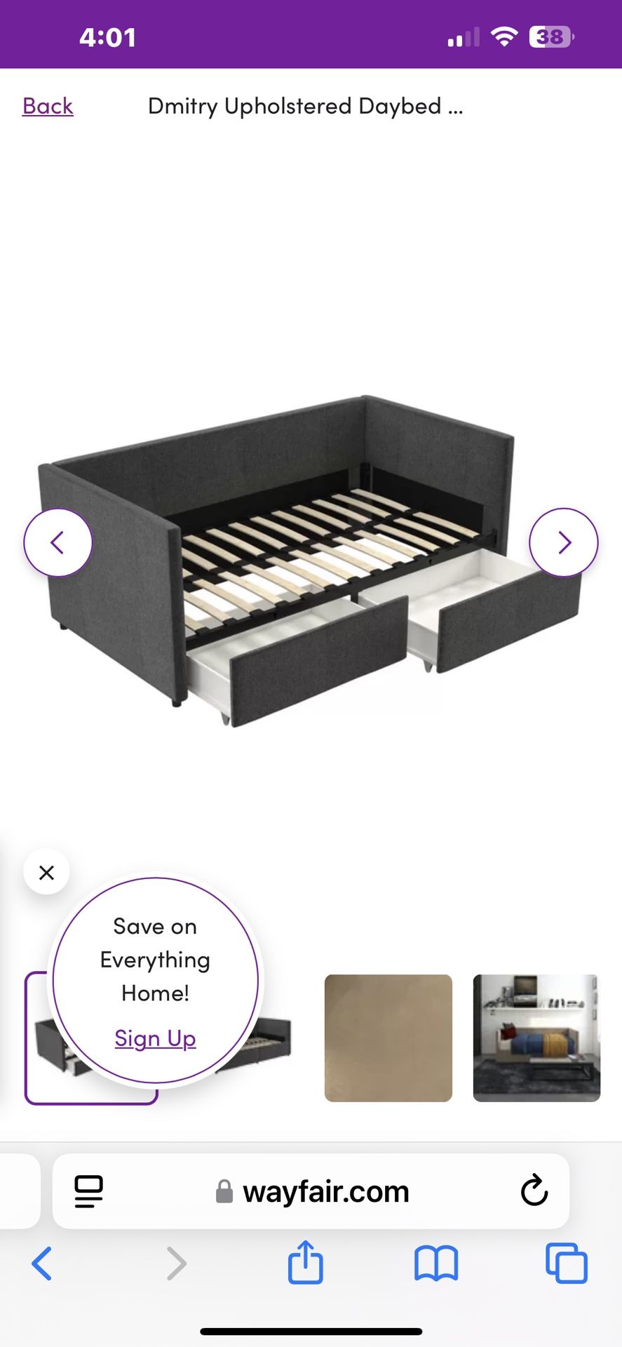 Gray Twin Size Day Bed with 2 Drawers for Storage 