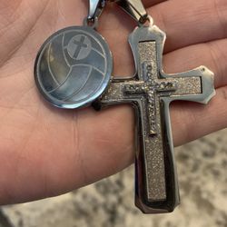 Stainless Steel Cross and Soccer Pendant Necklace