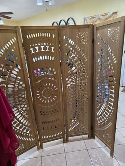 6 Panel Wood Carved Room Dividers and Folding Privacy Screens, No Installation, Brown