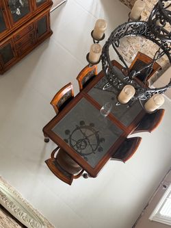 European Style  Wood and Glass Dining Table with 6 Chairs