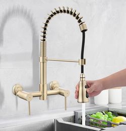 Wall Mount Kitchen Faucet, 8 Inch Center Commercial Sink Faucet with Pull Down Sprayer, 2 Handle Wall Mount Faucet for Kitchen Sink, Brushed Golden