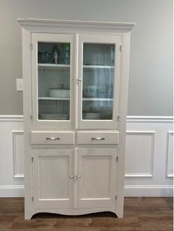 Vintage Solid Wood Glass Door Pantry Cabinet / Hutch - Farmhouse Style