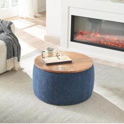 Round Ottoman Coffee Table with Storage, 25.5" Large Circle Storage Ottoman with Tray