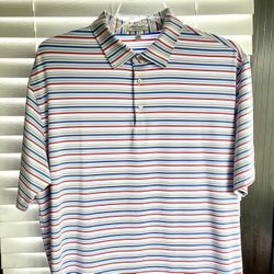 Peter Millar Red, Blue, Tan, & White Stripe - Crown Sport Polo -Shirt XL -Summer