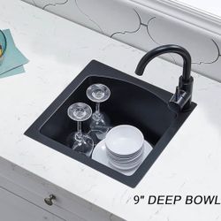 16"x16" inch Morden Quartz Mini Small Drop in Topmount Wet Matte Black Bar Sink $50  16B