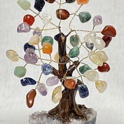 Handmade Multi - Polished Stones w/ Amethyst Crystal Base - Decorative Tree