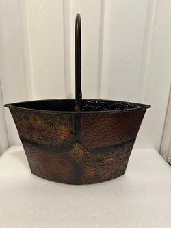 18”W Decorative Embossed Metal Basket with Handle