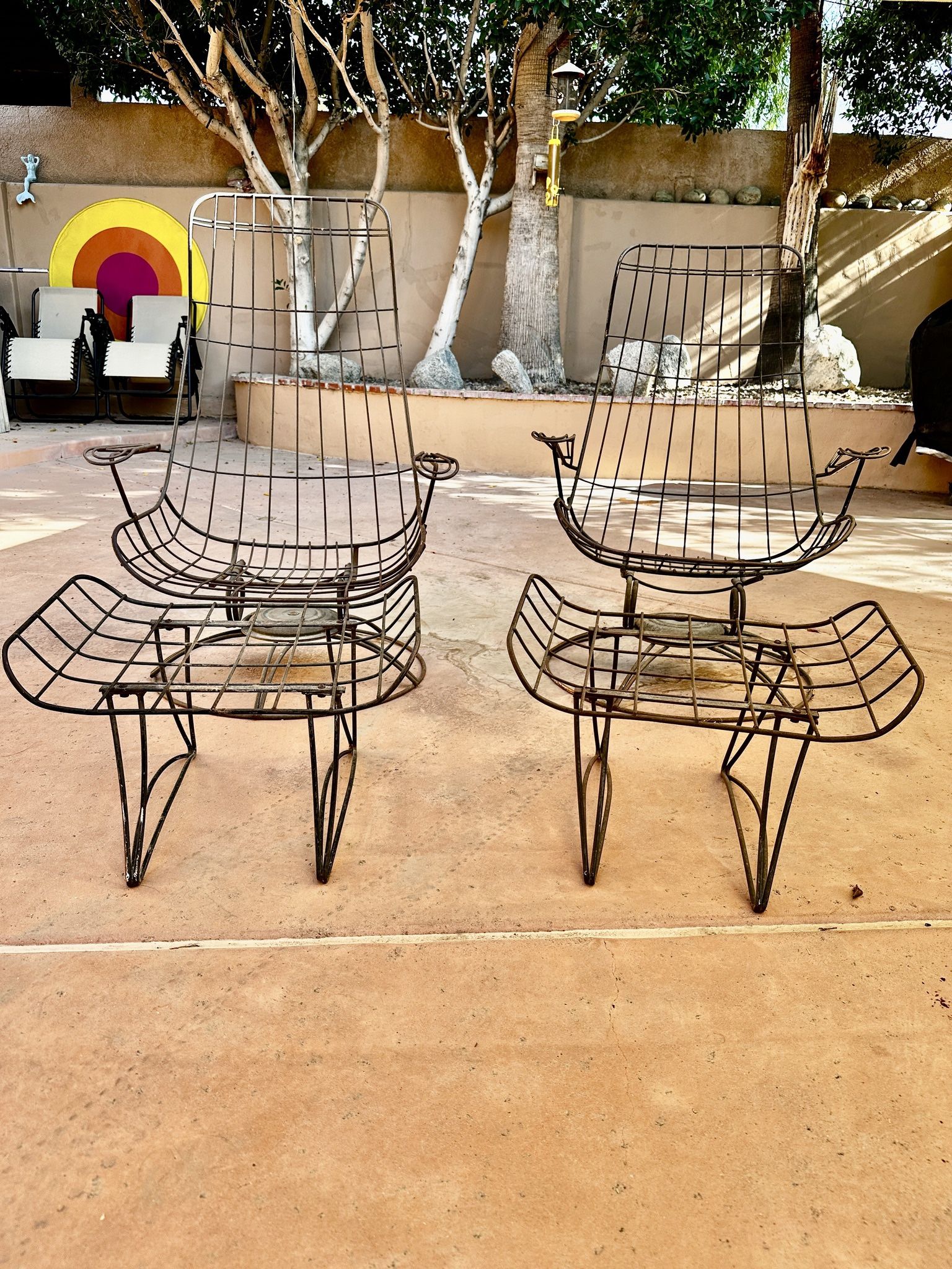 Pair of Vintage 1950s Homecrest High Back Wire Rocking Chairs with Ottomans