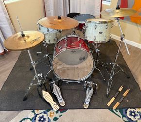 4 piece drum complete drum set Slingerland 14 15 toms 5 ply maple vintage Magestic bass & snare Zildjian cymbals new throne PDP double pedal & 2 leg h