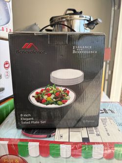 Benevolence 8" Elegant Salad Plate Set (8 Pieces) - White with Silver Rim - Brand New