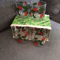 Vintage Libbey Rocks Glasses Set Of 4 In Original Packaging Strawberry Print