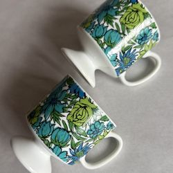 Two Vintage 6-oz Blue And Green Floral Stacking Pedestal Mugs 