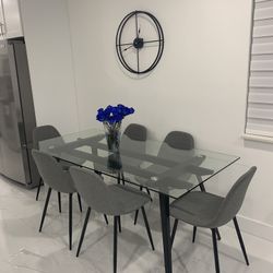 Modern & Beautiful Rectangular Glass Dining Set Table With Six Chairs