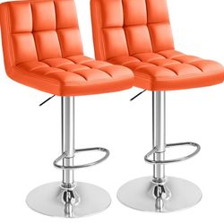  Bar Stools Modern Pu Leather Swivel Adjustable Hydraulic Bar Stool Square Counter Height Stool Set of 2 (Orange)
