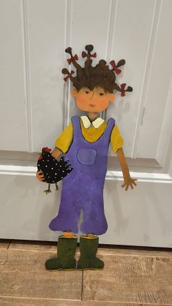 Vintage 2002 Carol Roeda Hand-Painted Metal Wall Art - Whimsical Country Girl with Chicken