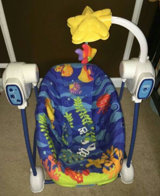 Fisher Price Ocean Wonders Deep Blue Sea Aquarium Space Saver Portable Musical Baby Swing 2 in 1 Vibrating Seat