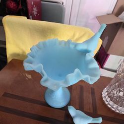 *PENDING*Fenton  Blue Ruffled Pedestal Bowl with Attached Bird