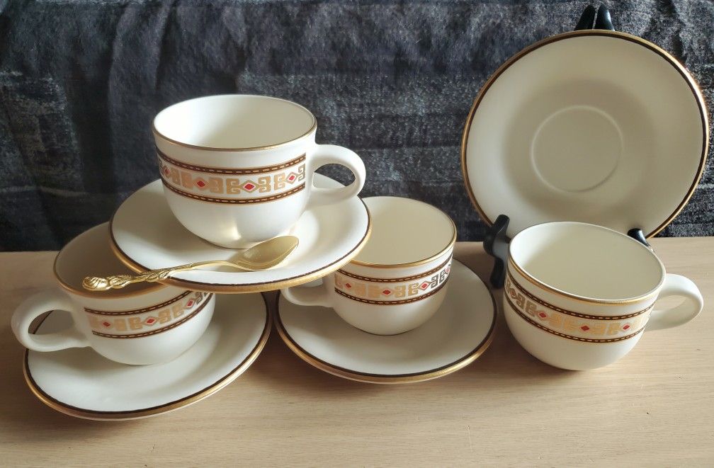 Beautiful GFIC Cup & Saucer, 4 Sets with Gold Spoon