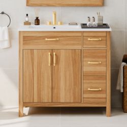 36*18" Wood Bathroom Vanity with Solid Wood Frame, 2 Soft Close Doors, 3 Soft Close Drawers, Adjustable Shelf, Modern Storage Cabinet for Small Bathro