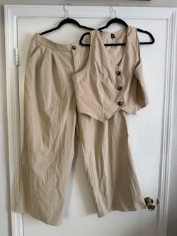 Beige Two-Piece Vest and Wide-Leg Pants Set