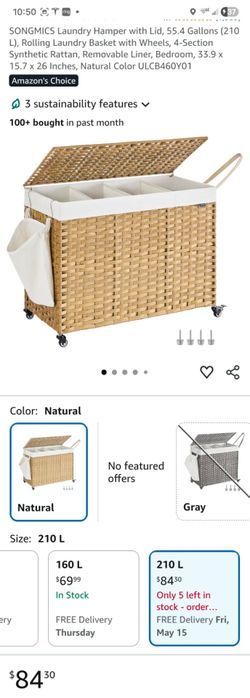SONGMICS Laundry Hamper with Lid, 55.4 Gallons (210 L), Rolling Laundry Basket with Wheels, 4-Section Synthetic Rattan, Removable Liner, Bedroom, 33.9