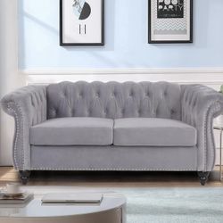 64"Velvet Sofa, Chesterfield Tufted Upholstered 2 Seater Couch, Modern Loveseat Couch Classic Furniture for Living Room Bedroom (Gray)