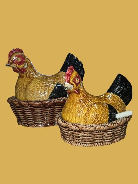Vintage Ceramic Hens, Gravy Bowls, Set Of 2 