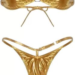 Gold Micro Bikini Set Mini 2 Piece Swimwear Sexy Strapless Bra G-String Thong Beachwear Swimsuit