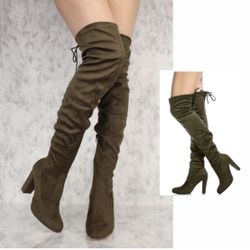 New Womens Thigh High Boots Chunky Heels Suede 6, 6.5, 9, 10 Olive Green Platform Shoes Olivia Paige
