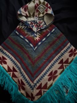 Hooded Poncho with Aztec Pattern and Fringe