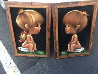 Vintage & RARE Signed Velvet Paintings of CUTE Big Eyed Girl & Boy in Chamber Pots