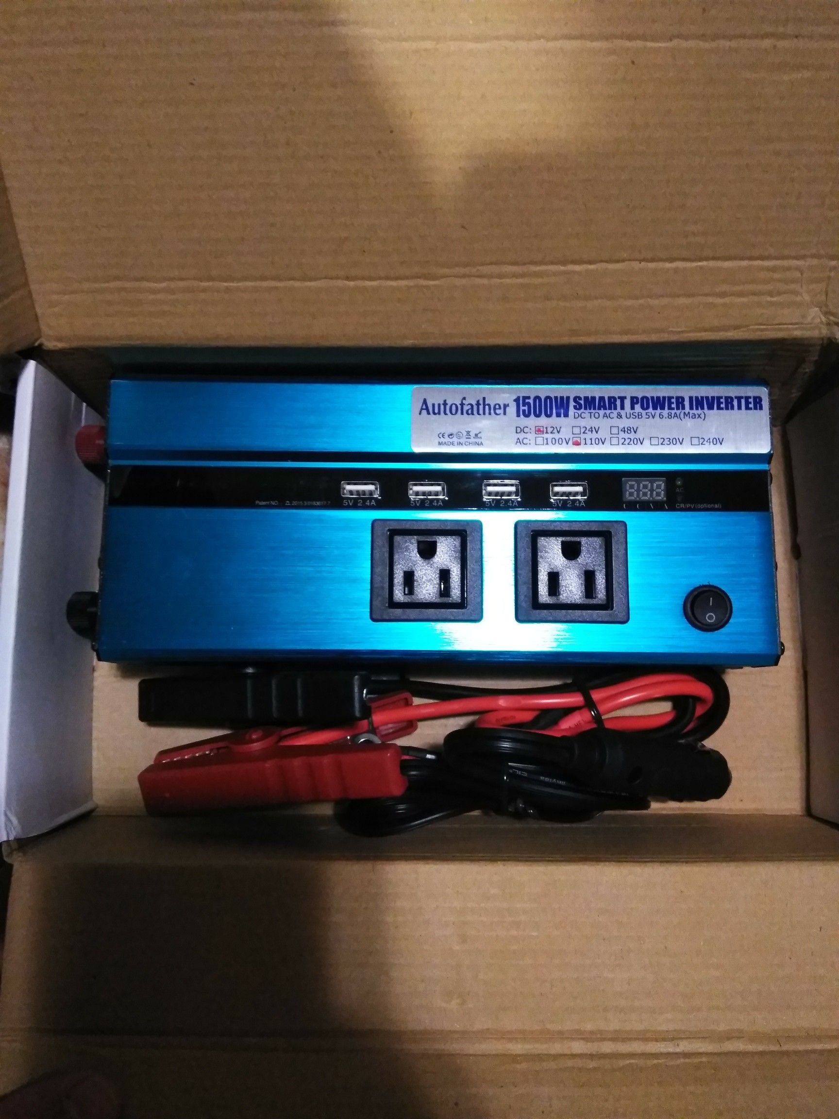 Autofather Car Power Inverter 1500W DC 12V To AC 110V - USB Charging Ports + US Standard Sockets + Digital Display Power Converter