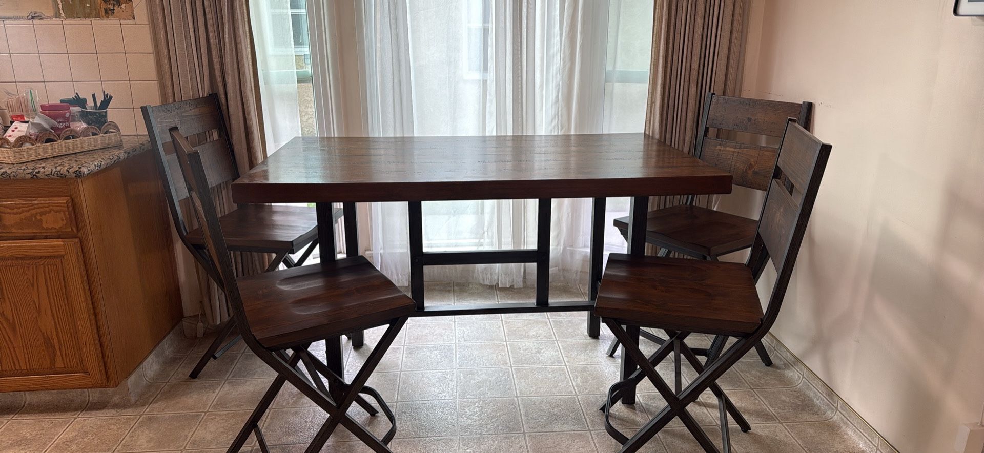 Medium Brown Rectangular Dining Room Counter Table w/ 4 matching chairs