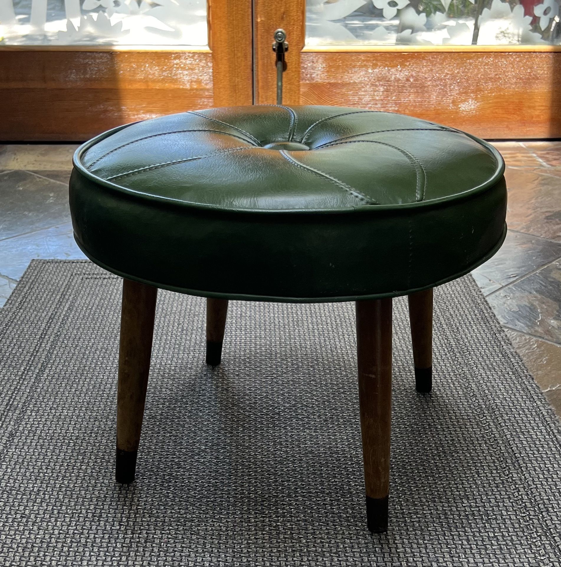 Vintage MCM Mid Century Teal Green Flower Round Vinyl Ottoman Foot Stool Tapered Wooden Legs