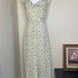 All In Favor yellow floral cowl neck midi dress size Large