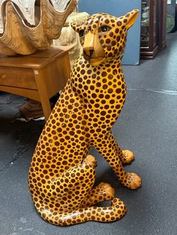 Large 39” Sergio Bustamante Sermel Tonala Jal Mex Paper Mache Cheetah Statue