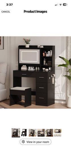 Black vanity with stool seat sliding mirror and blow dryer holder